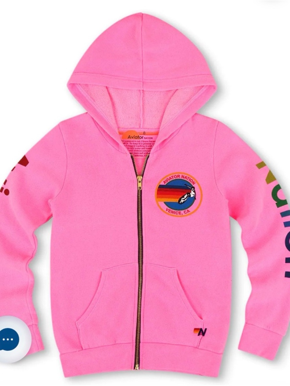 Aviator Nation Pink Kids Zip Hoodie with Rainbow Patch